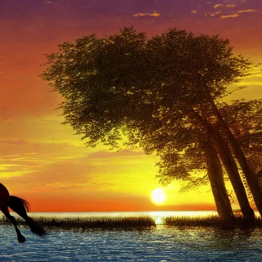 Prompt: a horse running on a lake, with sunset, photorealistic, cinematic, well detailed, HDR, 8k, By Albert Bierstadt