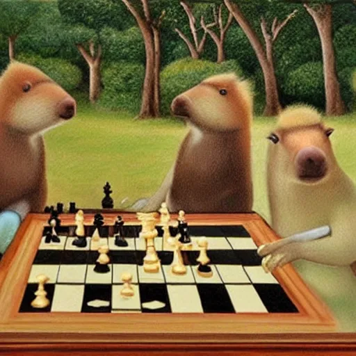 Prompt: capybaras playing chess, classic painting.
