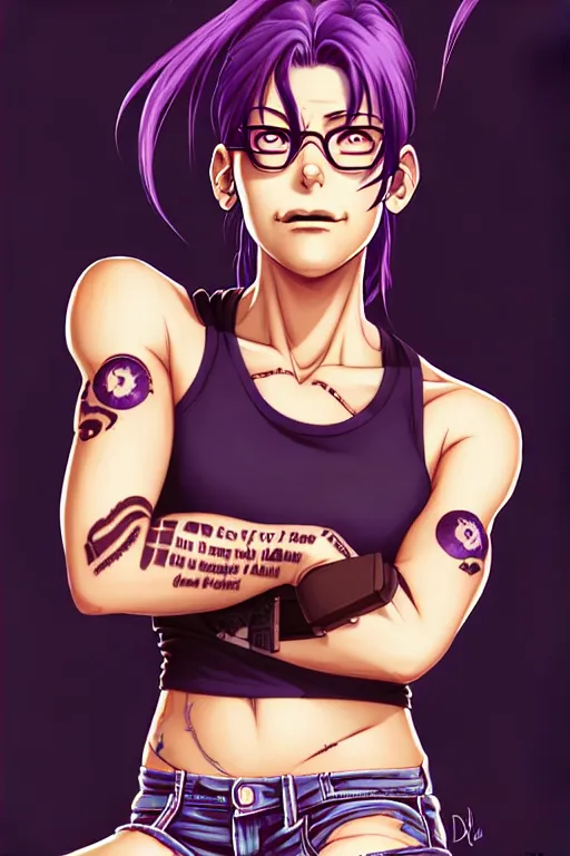 Image similar to a portrait of revy from black lagoon, dilraba dilmurarevy, smirk, black tank top, jean shorts, brown eyes, purple hair, tribal tattoos right arm sleeve, symmetrical eyes, symmetrical face, art by lois van baarle and loish and ross tran and rossdraws and sam yang and artgerm