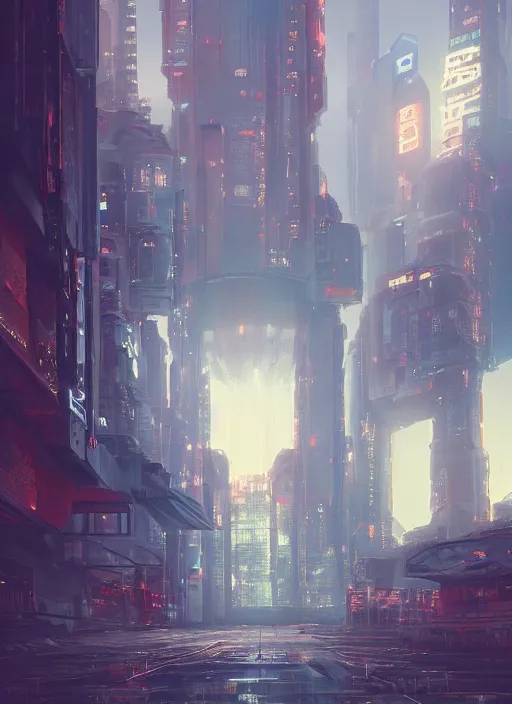 Prompt: a painting of a giant robot standing in front of a city, cyberpunk art by mike winkelmann, behance contest winner, nuclear art, dystopian art, apocalypse art, sci - fi