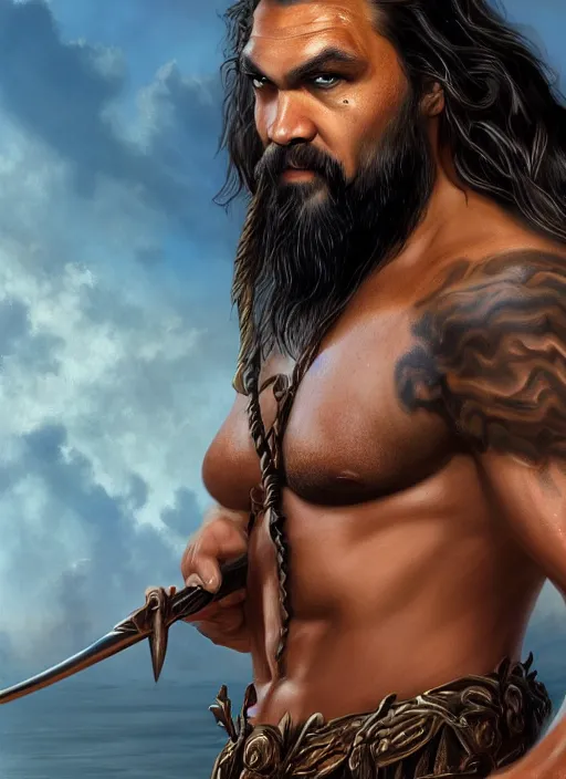 Prompt: jason momoa as khal drago by anne stokes and larry elmore, detailed matte painting, realistic portrait, symmetrical, highly detailed, digital painting, artstation, concept art, smooth, sharp focus, illustration, cinematic lighting, 8 k resolution