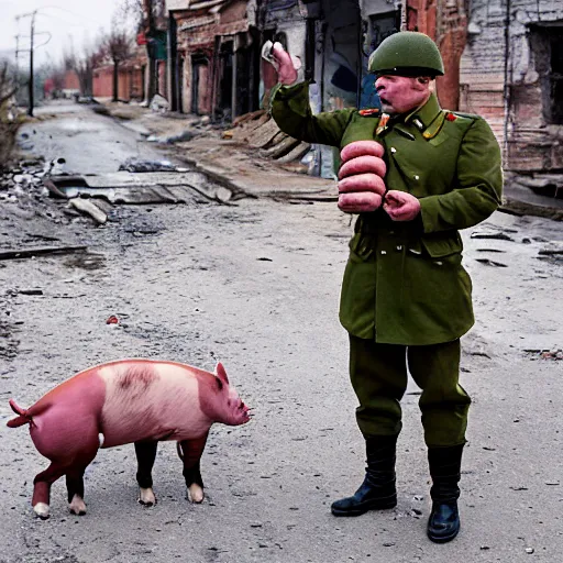 Image similar to soviet trooper with the head of hybrid of dog and pig, holding sausages, toilet paper and a notebook, on the ruined street of ukrainian village.