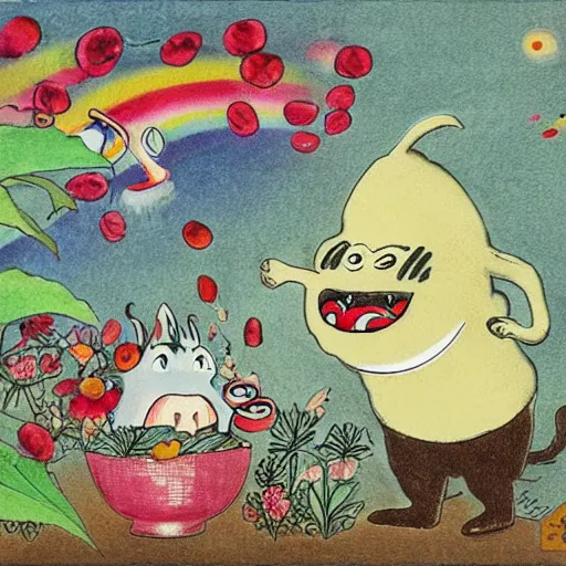 Image similar to a coffee advertisement with friendly monsters dancing around beautiful steaming cups of coffee, amongst coffee beans and flowers, and rainbows in the style of Japanese illustration, Maurice Sendak, Tove Jansson, high definition