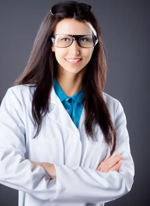 Image similar to super generic hot chick scientist, stock photo, full body wide shot