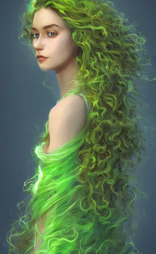 Image similar to a young woman with wild, curly hair and bright green eyes. she's wearing a flowing dress made of light, airy fabric and she has a mischievous look on her face, dynamic lighting, photorealistic fantasy concept art, trending on art station, stunning visuals, creative, cinematic, ultra detailed