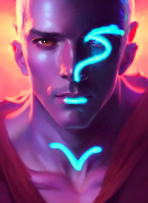 Image similar to a male humanoid phantom adventurer, glowing neon skin, magical aura, dnd fantasy character, full body portrait, ultra realistic, intricate, elegant, highly detailed, digital painting, artstation, smooth, sharp, focus, illustration, art by artgerm and greg rutkowski and alphonse mucha