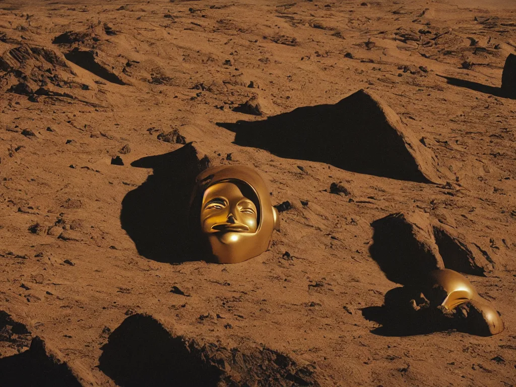 Prompt: glowing bene gesserit in full - face golden glowing mask in a black rocky desert landscape with alienabandoned city beneath the sand and giant alien spaceship in the sky attacks the earth by christopher doyle and alejandro jodorowsky, anamorphic lens, kodakchrome, cinematic composition, very detailed photo, 8 k,