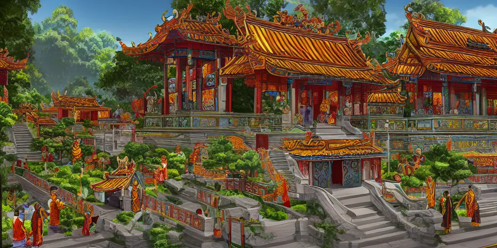 Image similar to vietnamese temple scene, 2 d side - scroller game art background, sharp, detailed, intricate, game level design, cinematic lighting, trending on artstation, in style of vinodh sivaraja and lam manh