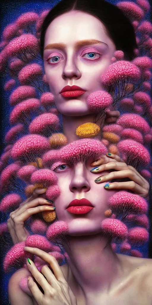 Prompt: hyper detailed 3d render like a Oil painting - portrait sculpt of Aurora (Singer) seen in mascara Lips on the Strangling network of yellowcake aerochrome and milky Fruit that covers her body wearing a 1950s dress and Her delicate Hands hold of gossamer polyp blossoms bring iridescent fungal flowers whose spores black the foolish stars by Jacek Yerka, Mariusz Lewandowski, Houdini algorithmic generative render, Abstract brush strokes, Masterpiece, Edward Hopper and James Gilleard, Zdzislaw Beksinski, Mark Ryden, Wolfgang Lettl, hints of Yayoi Kasuma, octane render, 8k