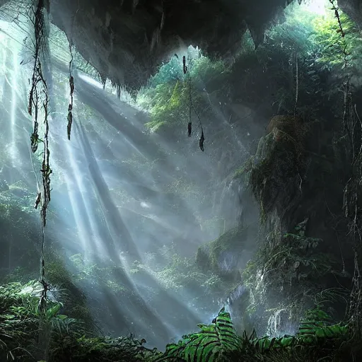 Image similar to mystical cave with lush vegetation and spiderwebs hanging from ceiling, light shining through, sharp focus, highly detailed, cgsociety, desaturated, hazy