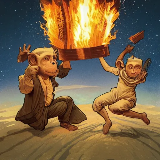 Image similar to [two monkeys throwing books in a bonfire, behind them space rockets are taking off. propaganda, closeup, D&D, intricate, elegant, highly detailed, digital painting, artstation, concept art, matte, sharp focus, illustration, art by Artgerm and Greg Rutkowski and Alphonse Mucha and Enki Bilal]