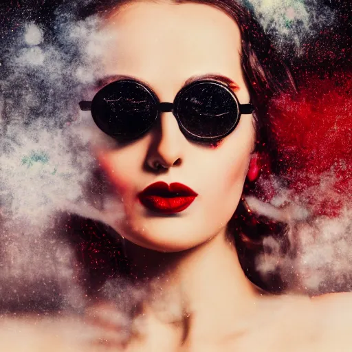 Prompt: A beautiful portrait painting of a Goddess of steam punk, wearing sunglasses, distained, red lipstick, smooth porcelain skin, black blurry backdrop, particles, foggy atmosphere, VHS colours, divine