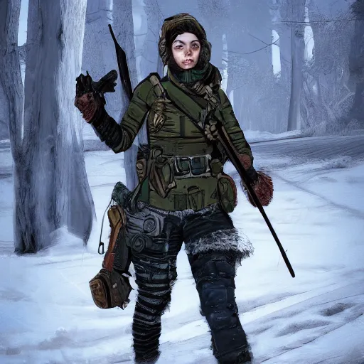 Prompt: A comic book style portrait painting of a female ranger in a a post apocalyptic winter landscape, unreal 5, DAZ, hyperrealistic, octane render, RPG portrait, ambient light, dynamic lighting