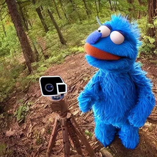 Image similar to trail cam footage of Grover the Muppet, Grover on video from a trail camera