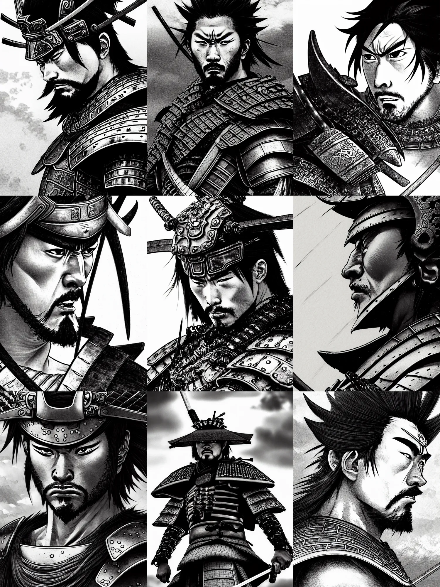 Prompt: close up picture of a male samurai looking at the sky, angry, sad, rugged, black plate armor, black and white, highly detailed, detailed face, chiaroscuro, manga illustration, artgerm, greg rutkowski, alphonse mucha, takehiko inoue, kentaro miura, light novel cover art