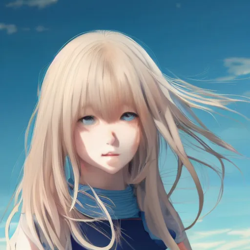 Image similar to a very beautiful young anime girl, full body, long wavy blond hair, sky blue eyes, full round face, bikini, miniskirt, front view, mid - shot, highly detailed, digital art by wlop, trending on artstation