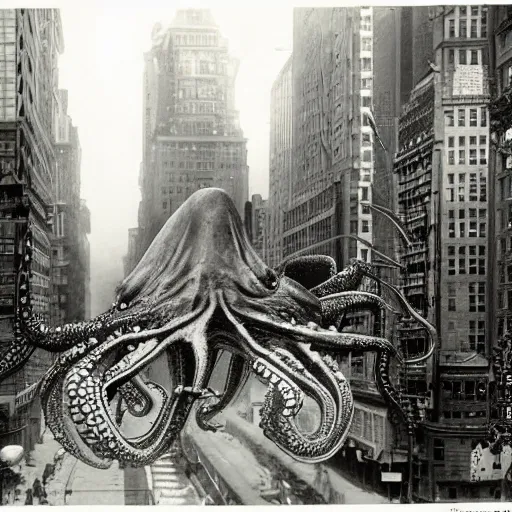 Image similar to old black and white photo, 1 9 1 3, depicting a giant alien dieselpunk octopus rampaging through the bustling streets of new york city, historical record