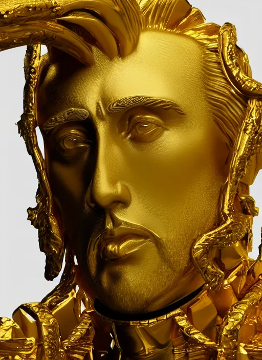 Image similar to stylized gold onyx ornate statue full body made of marble of nicholas cage, perfect symmetrical body, perfect symmetrical face, hyper realistic, hyper detailed, by johannen voss, by michelangelo, octane render, blender, 8 k, displayed in pure white studio room