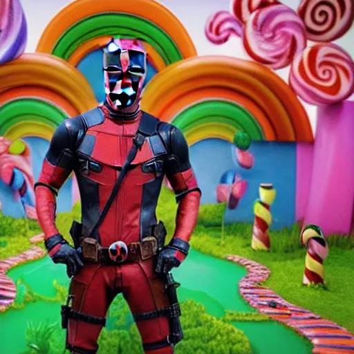 Prompt: deadpool stands in candyland, buildings, 8 k photography, detailed