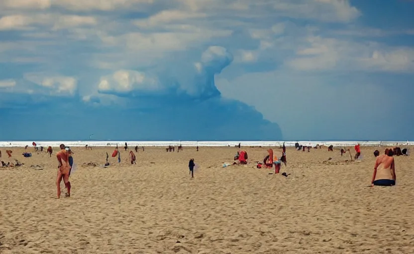 Image similar to sunny day at the beach blue sky nuclear mushroom cloud on the horizon and few people watching it war apocalyptic photorealistic