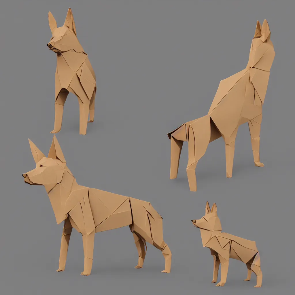 Image similar to 3 d rendering of japanese cardboard origami of simplified shape of german shepherd, 2 d image, trending on artstation