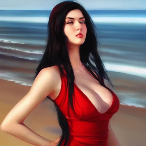 Image similar to woman with long dark black hair wearing red clothing standing by the beach, beautiful, 8k, highly detailed, realistic, artgerm, sakimichan, rutkowski, trending on artstation, perfect face, portrait, high contrast, golden light, dramatic lighting,