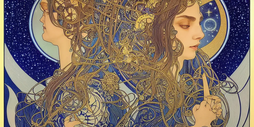 Prompt: the longest night, cloaked dark night, astronomical star constellations and watch gears, traditional moon and candle and tattoo, awardwinning art by sana takeda and alphonse mucha and alex grey, handsome face and beautiful face, maiden and crone, ultramarine blue and gold, intricate stained glass