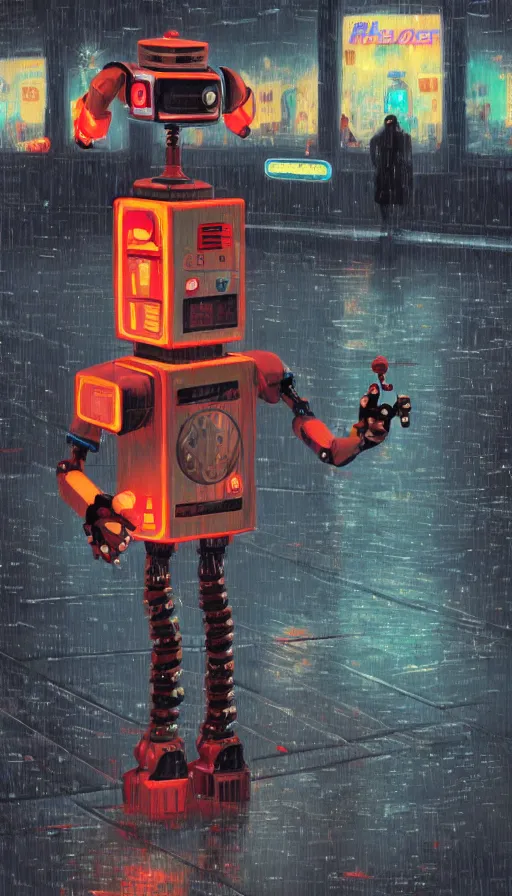 Image similar to arcade cabinet robot begging for coins in the rain, sharp focus, james gilleard, cinematic, game art, extremely detailed digital painting, print