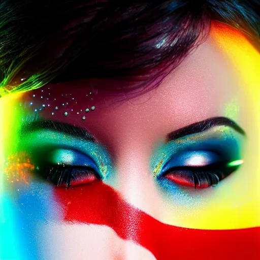 Image similar to A close-up of a beautiful girl with a surreal makeup reminding the swiss flag, octane render, bokeh, cyberpunk vibes, neons on the background