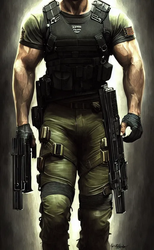 Image similar to portrait of henry cavill as chris redfield, resident evil, pistol, upper body, henry cavill!!!, fantasy, intricate, elegant, highly detailed, digital painting, artstation, concept art, smooth, sharp focus, illustration, art by artgerm and greg rutkowski and alphonse mucha