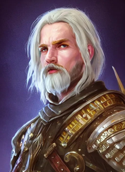 Image similar to tristan fulcher livedoce young man with short white fringe white hair and moustache, dndbeyond, bright, colourful, realistic, dnd character portrait, full body, pathfinder, pinterest, art by ralph horsley, dnd, rpg, lotr game design fanart by concept art, behance hd, artstation, deviantart, hdr render in unreal engine 5