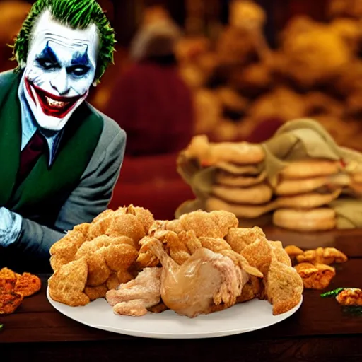 Prompt: cinematic shot of the joker sitting on a gigantic pile of chicken and biscuits in a warehouse, 8 k, very intricate, very detailed,