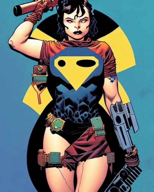 Image similar to mike mignola and sandra chevrier comic cover art, full body cute young lady, symmetrical eyes, bangs, rim lighting, vivid colors