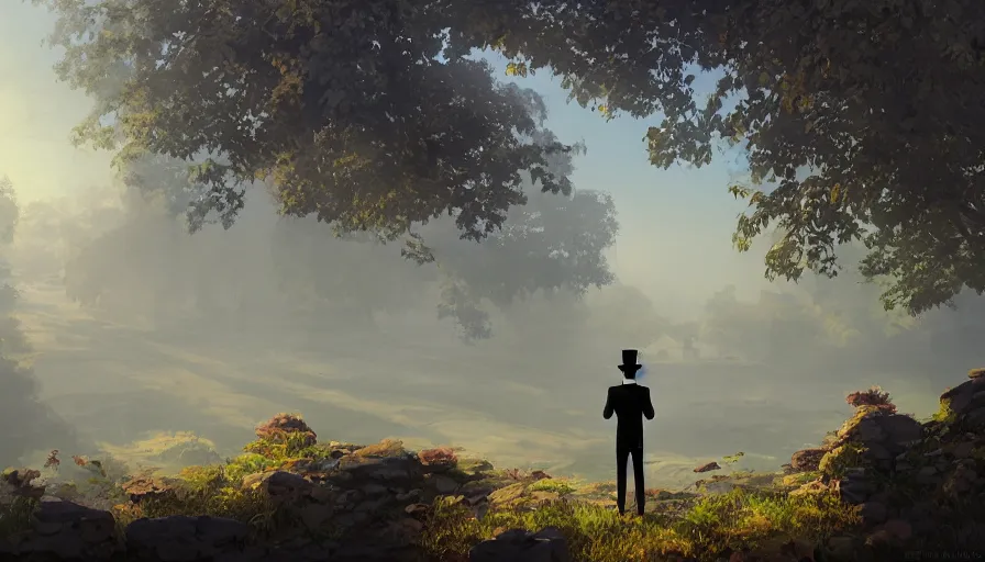 Image similar to ilya kuvshinov illustration of a gentleman in a suit and top hat watching the sun rise over the overgrown valley with ancient ruins reclaimed by nature, hazy and misty, magical feeling, uhd, high detail, by ilya kuvshinov