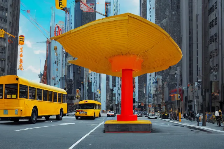 Image similar to Yellow school bus, a red japanese Torii gate, New York location in USA, atomic bomb dropping from the sky, ray tracing, high detail, 4K