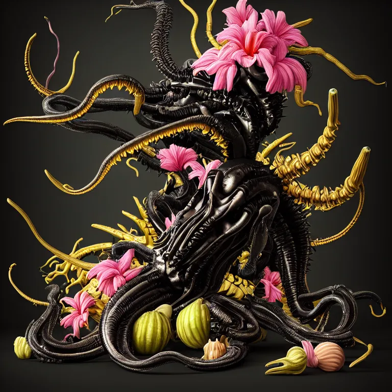 Prompt: still life of black xenomorph, beautiful pastel color tropical flowers, glossy metallic human spine, spiky tentacles, tropical fruit, human body parts, colorful mold, baroque painting, beautiful detailed intricate insanely detailed octane render, 8K artistic photography, photorealistic, perfect composition, golden ratio, chiaroscuro, Raphael, Caravaggio