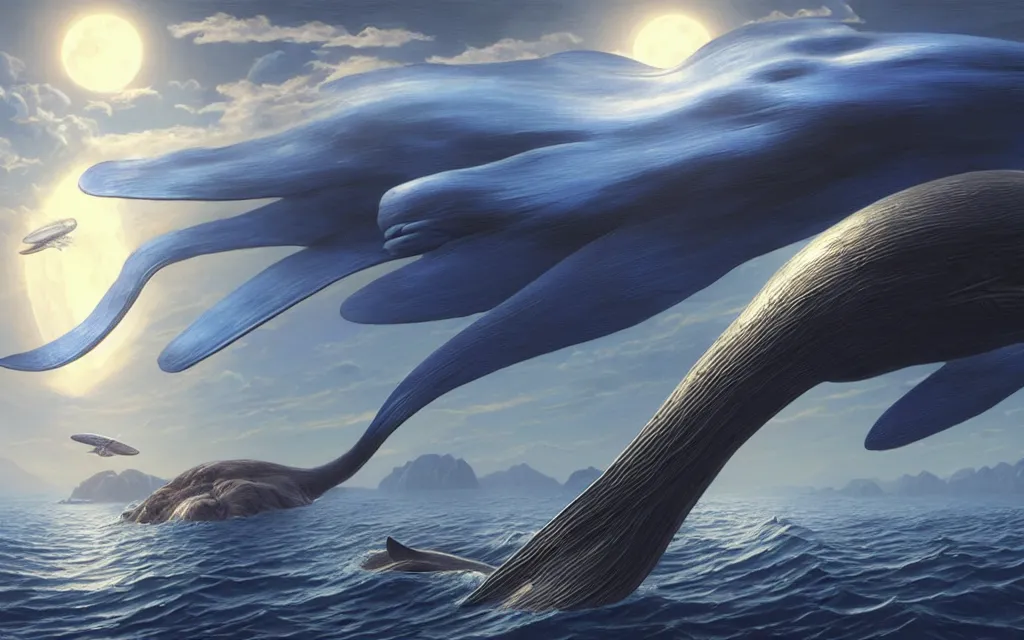 Prompt: realistic render portrait of flying blue whales towards the moon, intricate, toy, sci - fi, extremely detailed, digital painting, sculpted in zbrush, artstation, concept art, smooth, sharp focus, illustration, chiaroscuro lighting, golden ratio, incredible art by artgerm and greg rutkowski and alphonse mucha and simon stalenhag