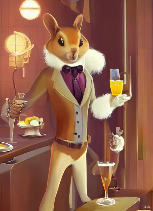 Prompt: squirrel anthro as a dapper bartender with a big, fluffy tail, retro futurism, art deco, detailed, painterly digital art by WLOP and Cory Loftis and Steve Henderson, 🐿🍸🍋, furaffinity, trending on artstation