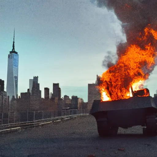 Prompt: low angle shot, destroyed tank in front of the new york skyline, smoking and burning, reflections, award winning photograph, sunset, desolate, atmospheric