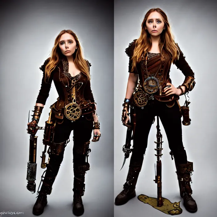 Image similar to full body photograph of elizabeth olsen as a steampunk warrior. extremely detailed. dslr. 8 5 mm.