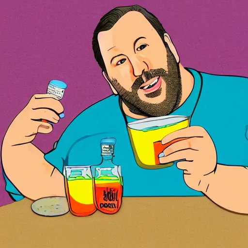 Image similar to Bert Kreischer fat eating Kool aid straight from the jar, photorealistic