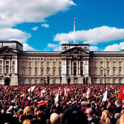 Image similar to a picture of buckingham palace very very very accurate with a gigantic crowd of protestors on the street, the sky is blue and everyone is holding russian flags or posters with prince andrew's face wide shot hyperrealistic photography 7 0 mm