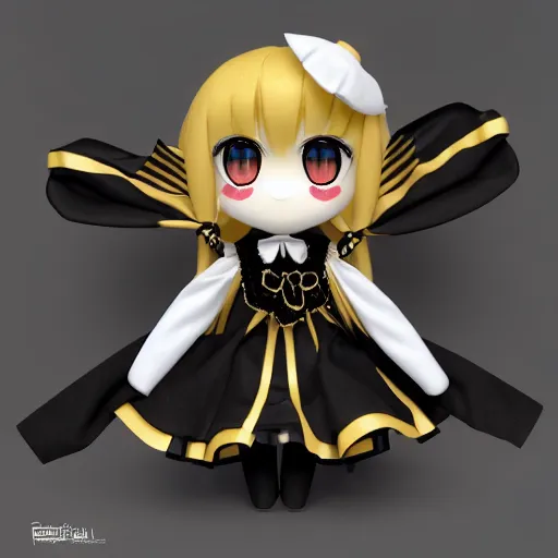 Prompt: cute fumo plush of a gothic maiden in a black and gold uniform, laces and ribbons, soft shadow, anime girl, vray, symmetry, white frame