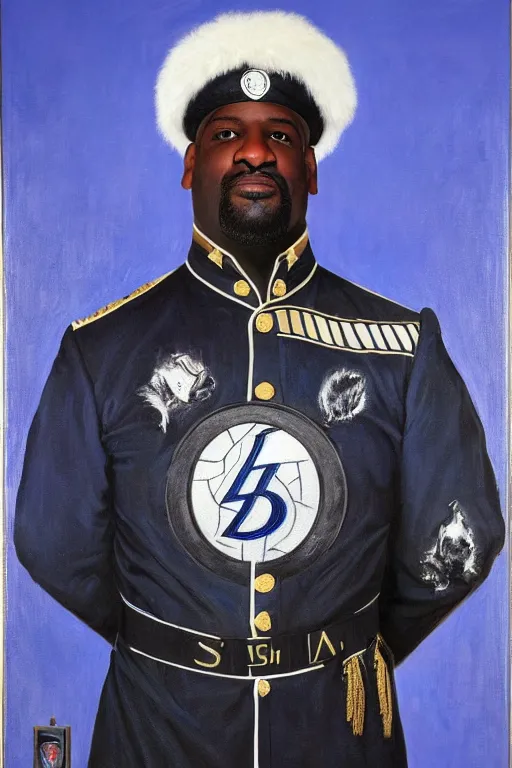 Image similar to full body portrait of shaquille o'neil as the dictator of the orlando magic, 1 8 8 9, in full military garb, magic blue, silver, and black, oil on canvas by william sidney mount, trending on artstation