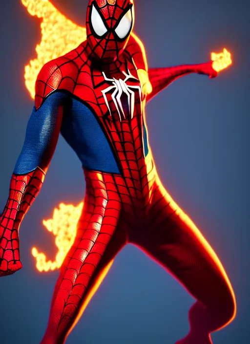 Image similar to futuristic spiderman wearing fire costume ,highly detailed, 4k, HDR, award-winning, artstation, octane render