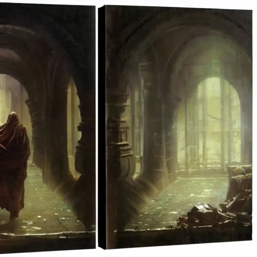 Prompt: half portait of magican wearing a closed cowl holding a big old book! with chains!! on his wrist, jeremy mann, jean leon gerome, alphonse mucha, greg rutkowski, hood covers his eyes, ( ( ruins of ancient rome ) ), at dusk, mysterious atmosphere, sunrays, dof, masterpiece, high detailed, 8 k