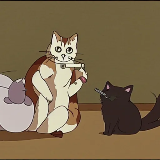 Prompt: a cat with a cigar in his mouth, studio ghibli