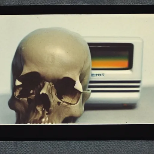 Prompt: old polaroid of a deformed vhs footage of a skull