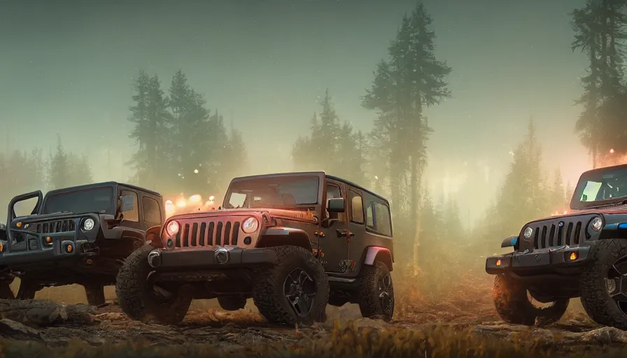 Image similar to single jeep wrangler, an epic fantasy, dramatic lighting, cinematic, establishing shot, extremely high detail, photorealistic, cinematic lighting, artstation, by simon stalenhag, horizon forbidden west