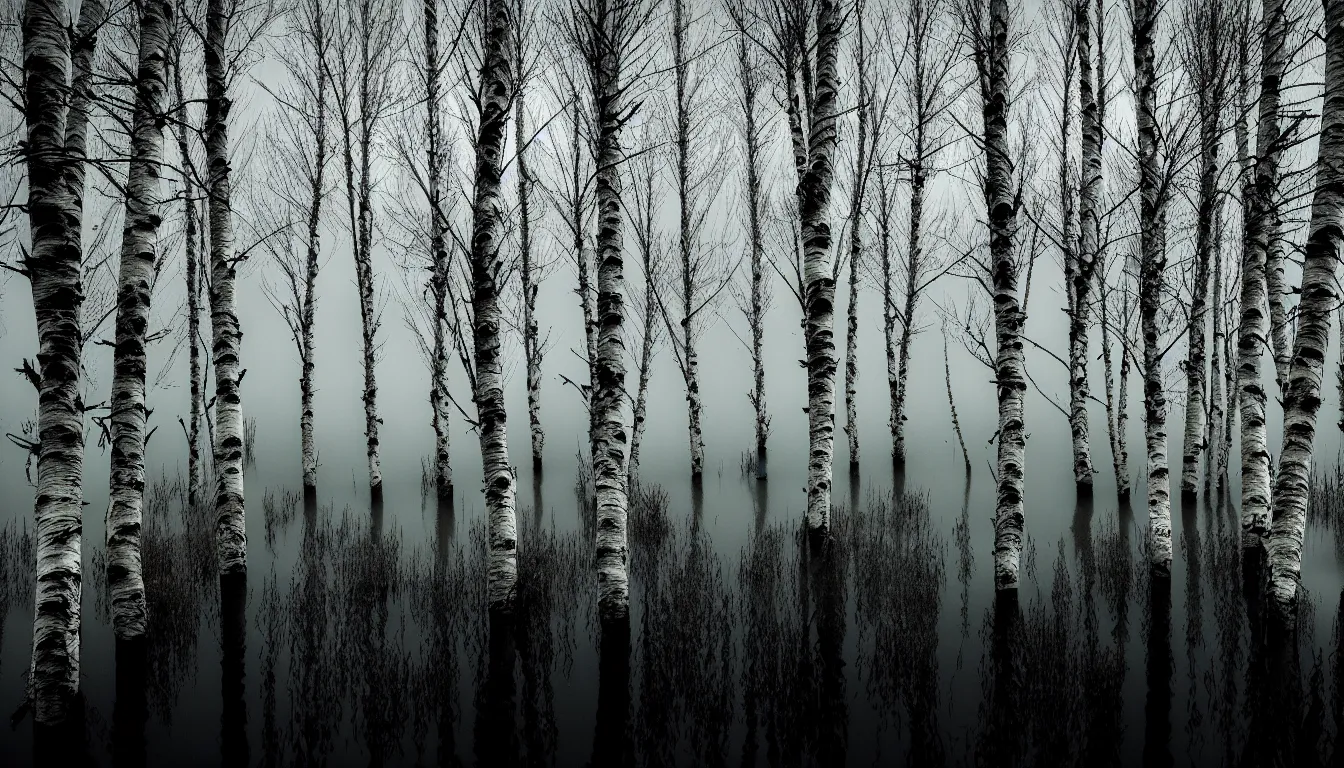 Prompt: highlands, birches in flooded swamp, dark, atmospheric, scary, ambient vibe, very detailed, 8 k